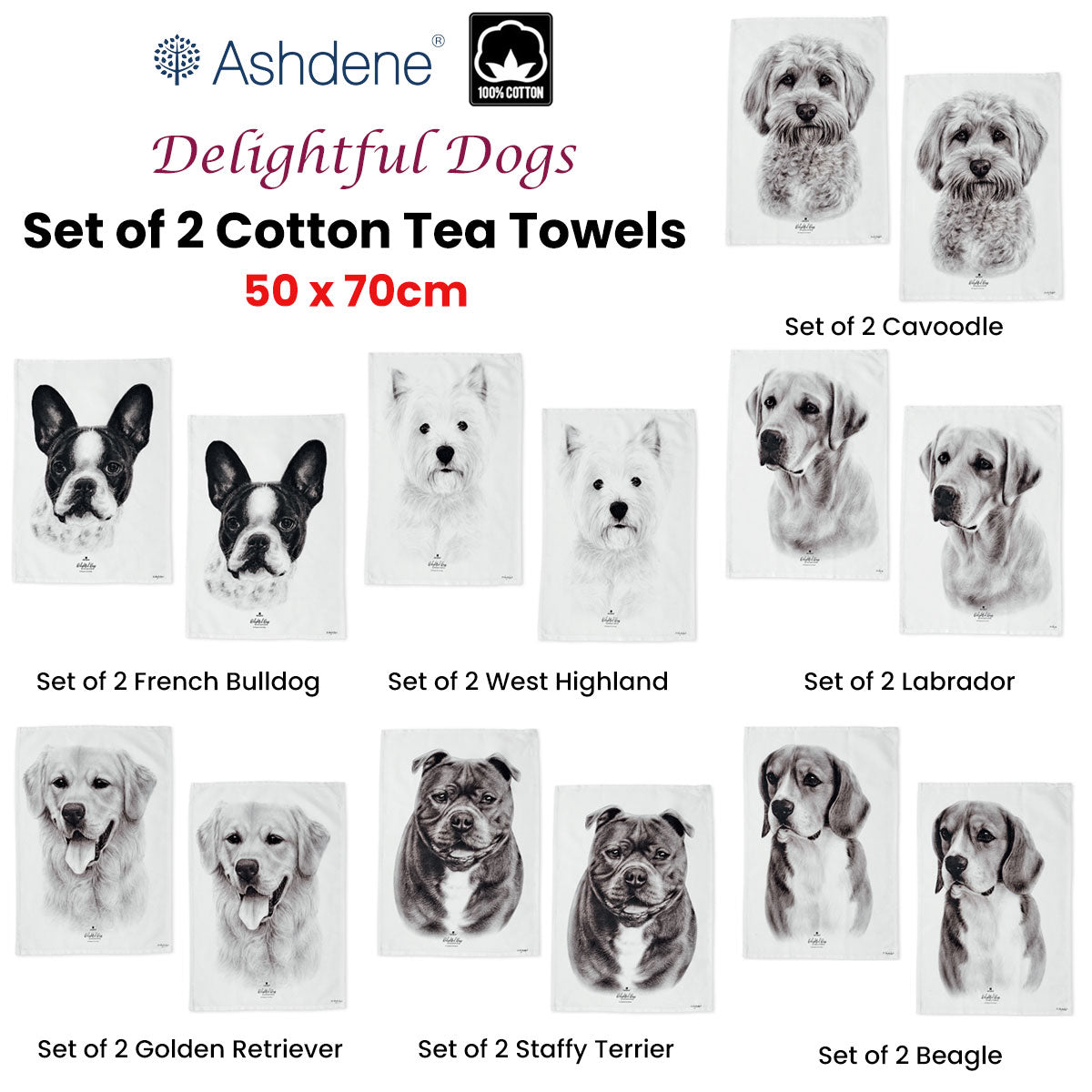 Delightful Dogs Kitchen Tea Towels Set of 2 50 x 70 cm 100% Cotton