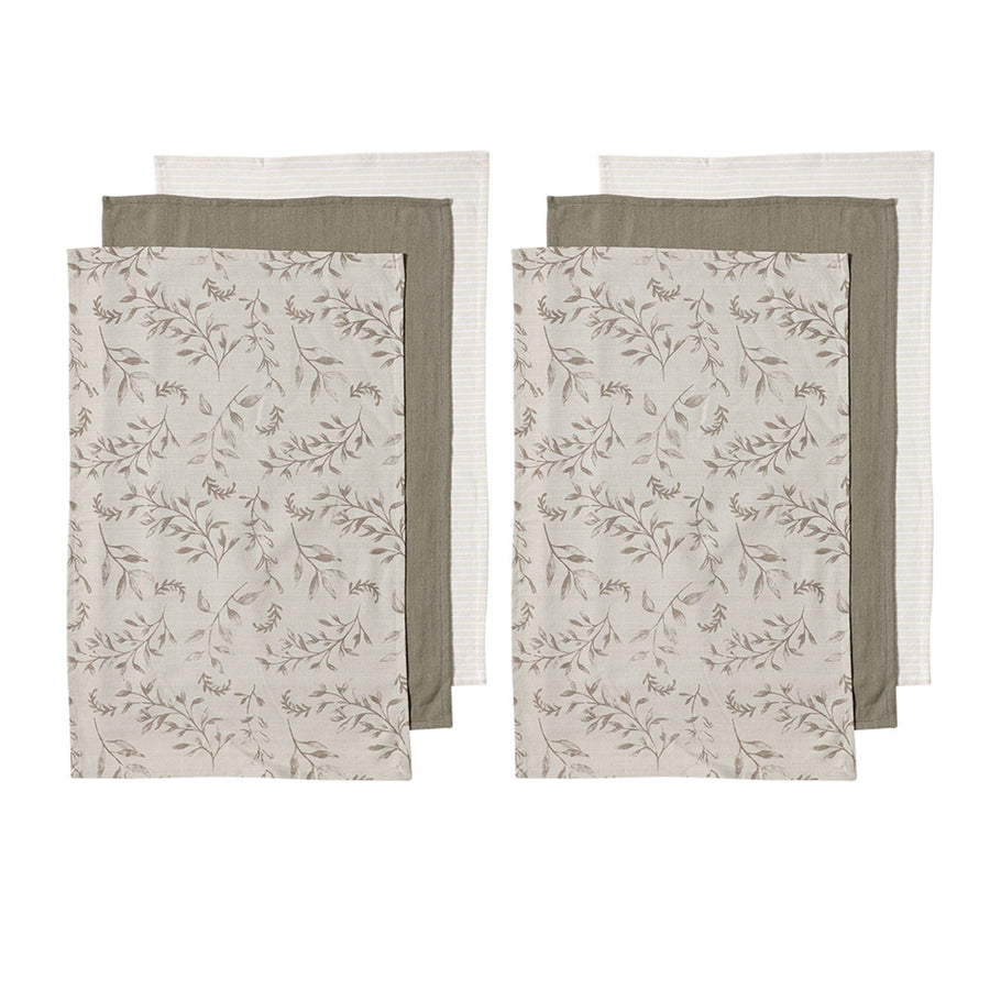 Ladelle Grown Ivy Set of 6 Cotton Kitchen Towels 45 x 70 cm - Foliage Print, AZO Free - SuperSaverAU - view 1