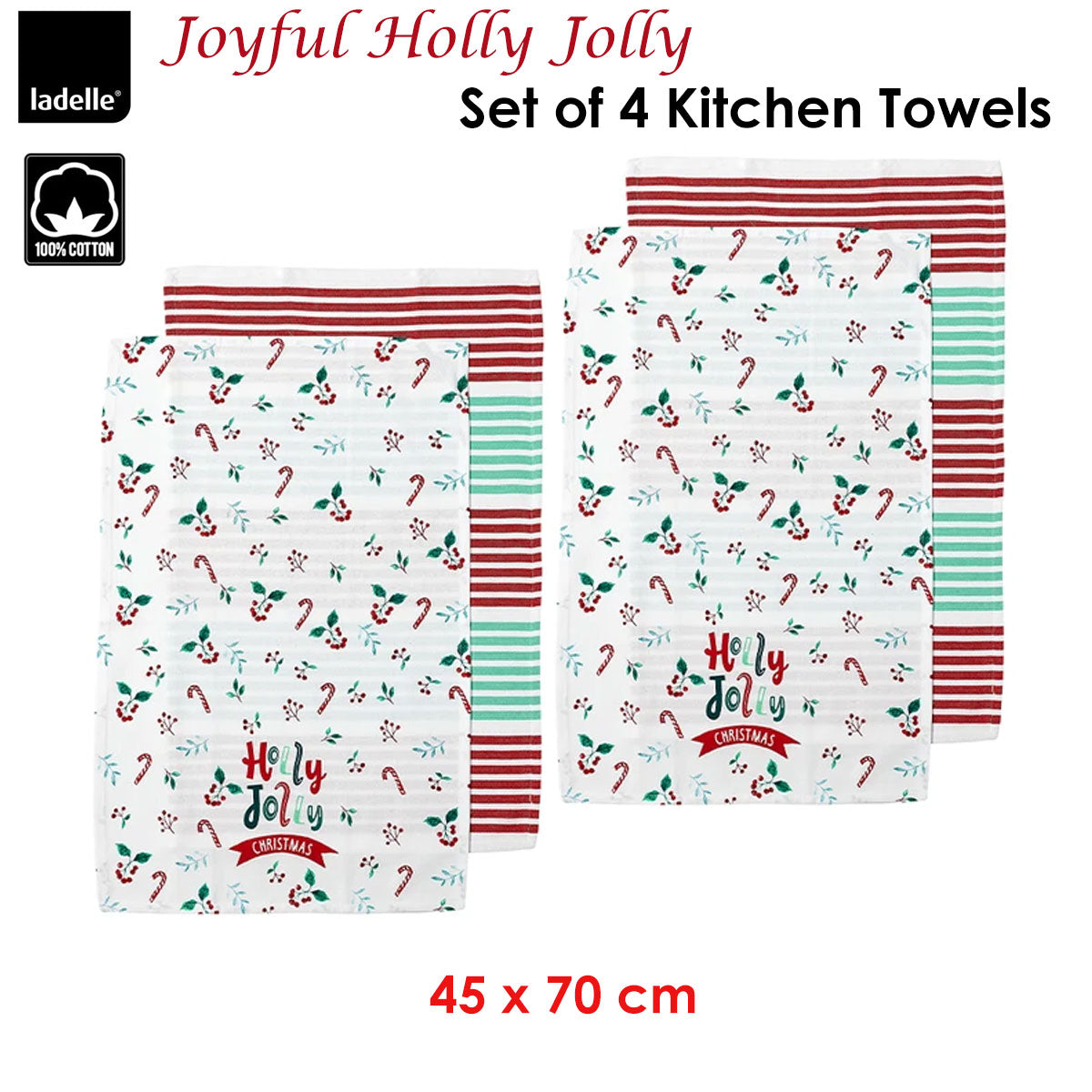 Ladelle Christmas Set of 4 Cotton Kitchen Towels 45 x 70 cm - AZO Free Dyes