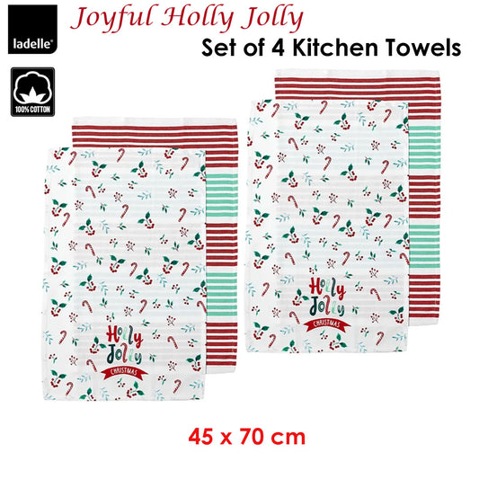 Ladelle Christmas Set of 4 Cotton Kitchen Towels 45 x 70 cm - AZO Free Dyes