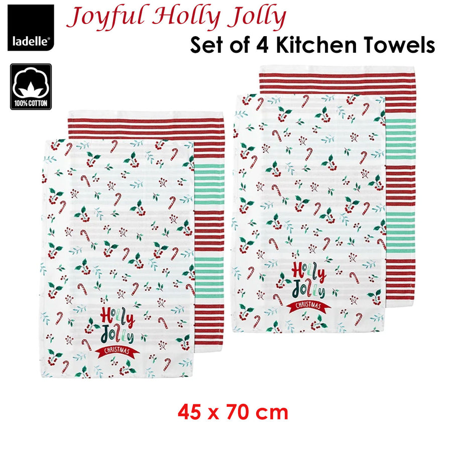 Ladelle Christmas Set of 4 Cotton Kitchen Towels 45 x 70 cm - AZO Free Dyes - SuperSaverAU - view 1
