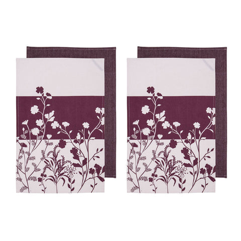 Ladelle Set of 4 Homespun Flower Cotton Kitchen Tea Towels 50 x 70 cm Mulberry - SuperSaverAU - view 1