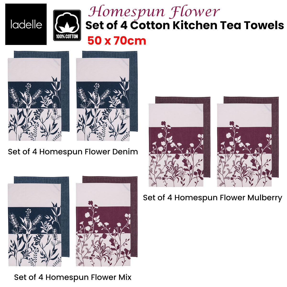 Ladelle Set of 4 Homespun Flower Cotton Kitchen Tea Towels 50 x 70 cm Mulberry - SuperSaverAU - view 2