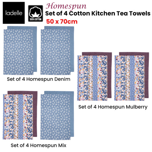 Ladelle Set of 4 Homespun Cotton Kitchen Tea Towels 50 x 70 cm Mulberry Floral Design