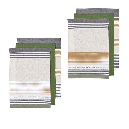 Ladelle Intrinsic Set of 6 Cotton Kitchen Towels 45 x 70 cm - AZO Free, Stripes Design