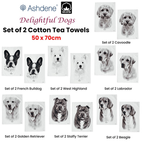 Delightful Dogs Kitchen Tea Towels Set of 2, 50 x 70 cm, 100% Cotton - SuperSaverAU - view 1