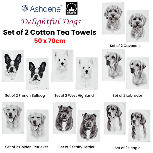 Delightful Dogs Kitchen Tea Towels Set of 2, 50 x 70 cm, 100% Cotton
