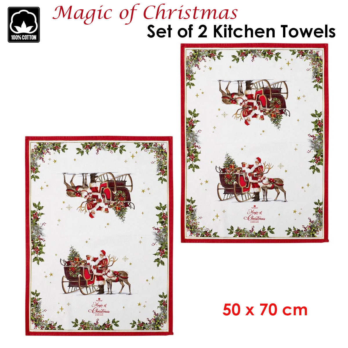 Ashdene Magic of Christmas Set of 2 Cotton Kitchen Towels 50 x 70 cm - SuperSaverAU - view 2