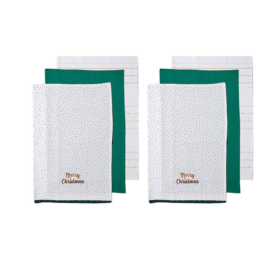 Ladelle Joyful Merry Christmas Set of 6 Cotton Kitchen Towels 45 x 70 cm - Green - SuperSaverAU - view 1