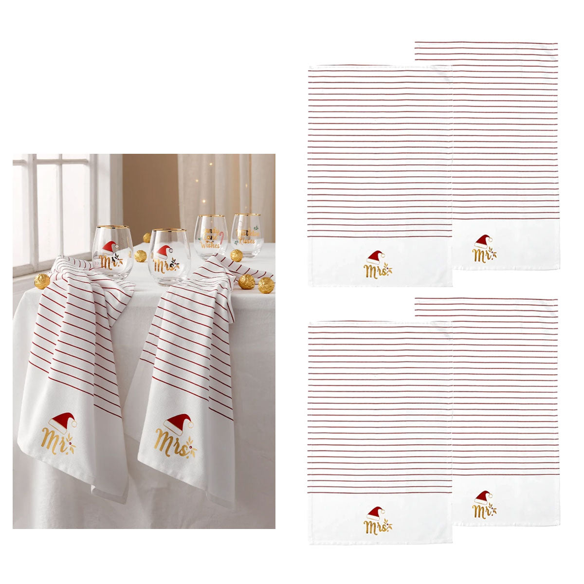 Ladelle Mr & Mrs Christmas Hat Set of 4 Cotton Kitchen Towels 45 x 70 cm - SuperSaverAU - view 1