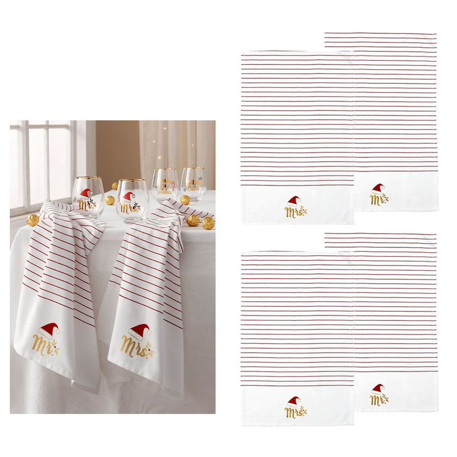 Ladelle Mr & Mrs Christmas Hat Set of 4 Cotton Kitchen Towels 45 x 70 cm - SuperSaverAU - view 1