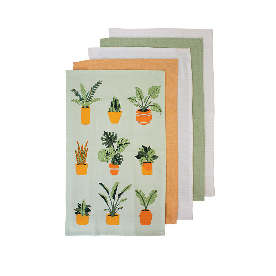 Ladelle Set of 5 Plant Life Cotton Kitchen Tea Towels 50 x 70 cm - Green - SuperSaverAU - view 1