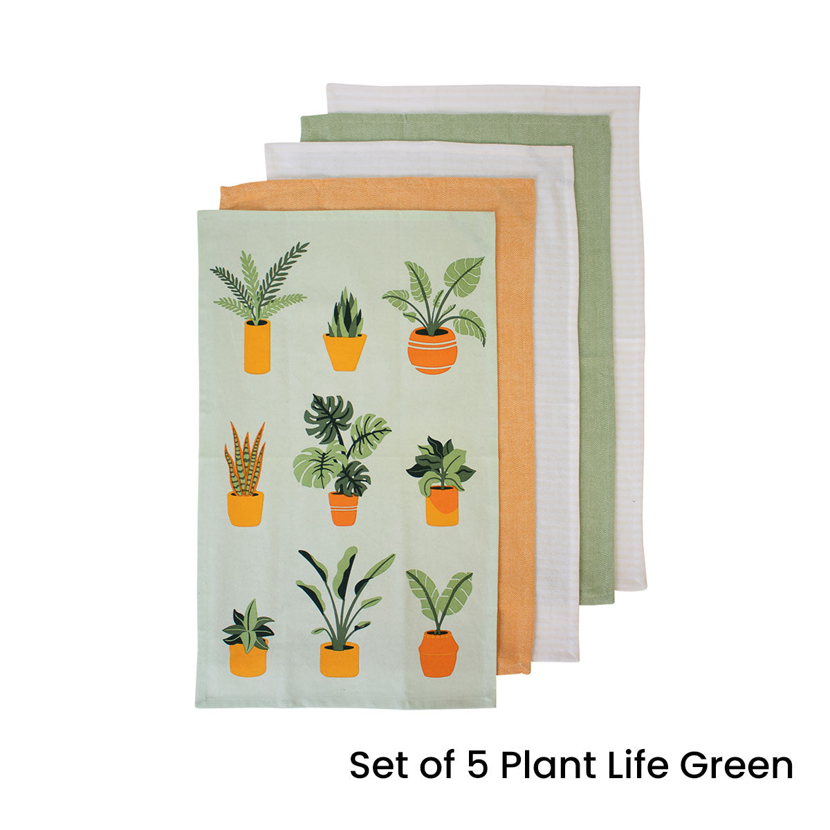 Ladelle Set of 5 Plant Life Cotton Kitchen Tea Towels 50 x 70 cm - Green