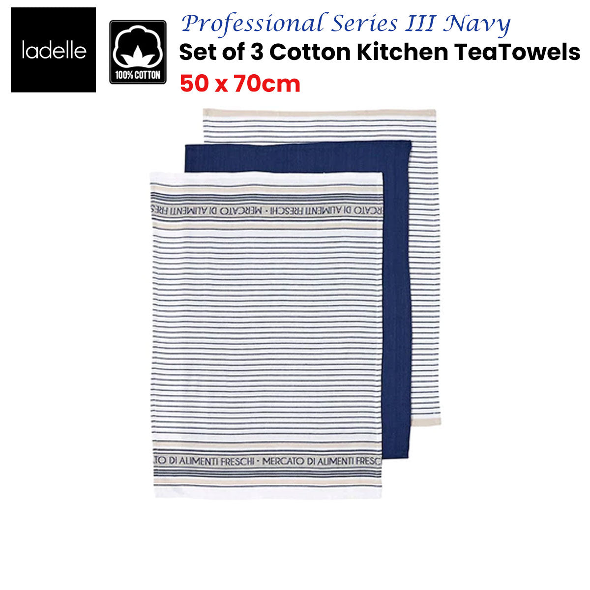 Ladelle Set of 3 Cotton Kitchen Tea Towels 50 x 70 cm - AZO Free, Navy