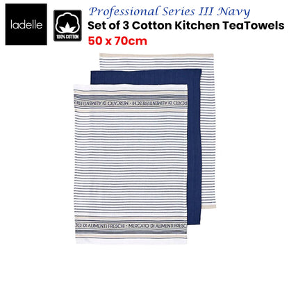 Ladelle Set of 3 Cotton Kitchen Tea Towels 50 x 70 cm - AZO Free, Navy
