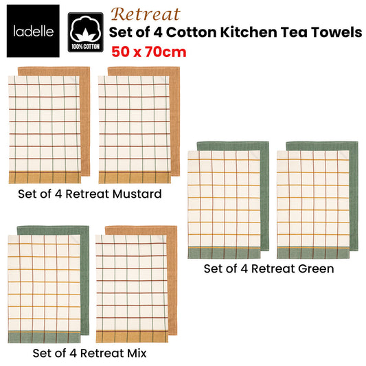 Ladelle Set of 4 Cotton Kitchen Tea Towels 50 x 70 cm, Checked Design, AZO Free