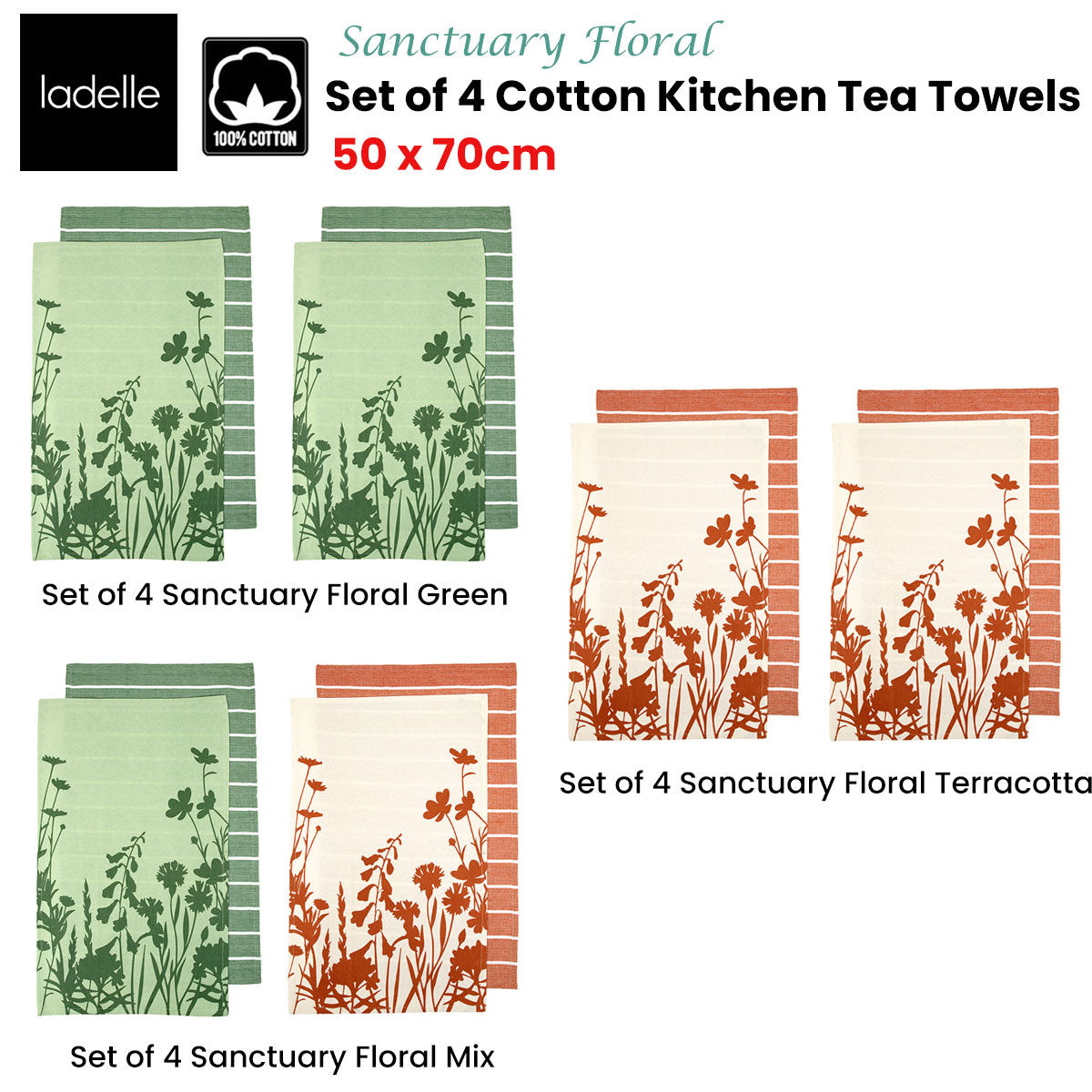 Ladelle Sanctuary Floral Cotton Kitchen Tea Towels Set of 4 50 x 70 cm Mix - SuperSaverAU - view 2