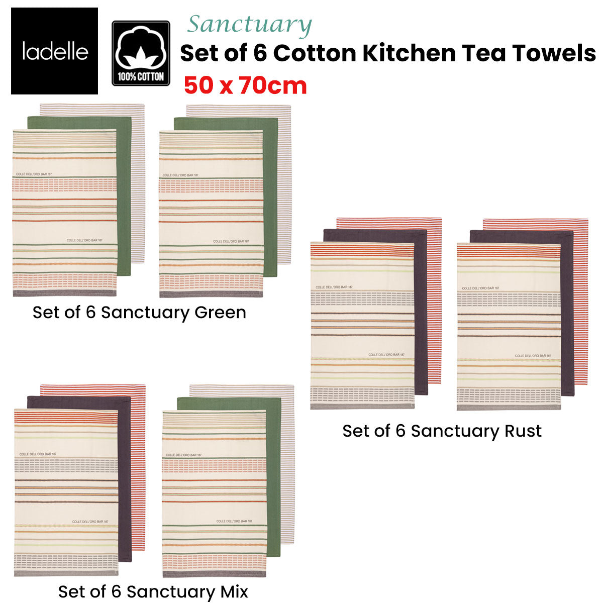 Ladelle Sanctuary Cotton Kitchen Tea Towels Set of 6, 50 x 70 cm, Stripes Design - SuperSaverAU - view 2