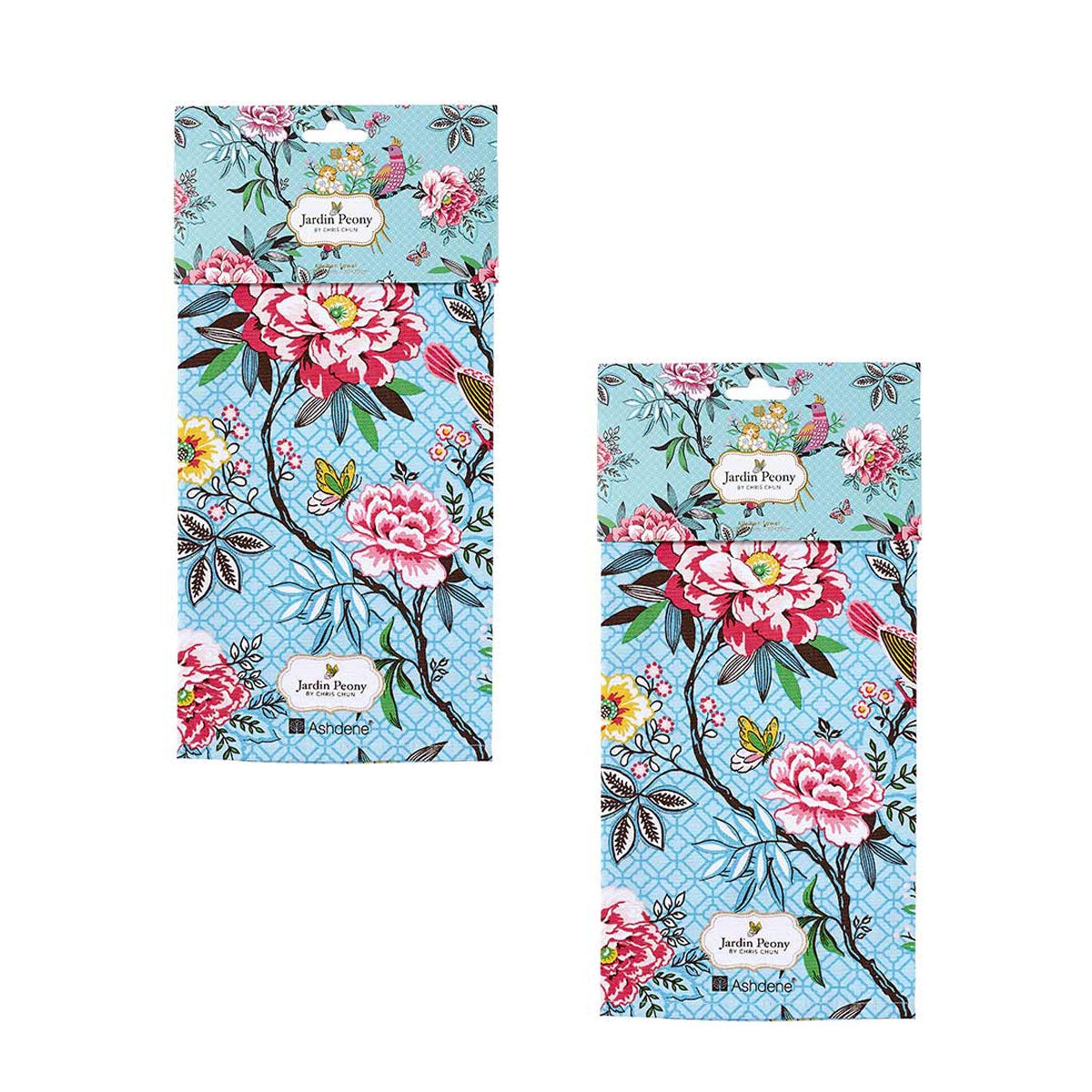 Jardin Peony Set of 2 Cotton Kitchen Tea Towels 50 x 70 cm - Hand Painted Design