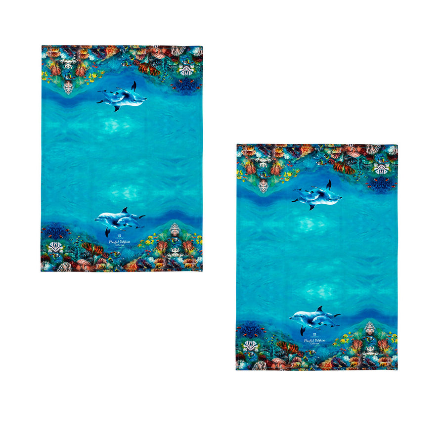 Ashdene Set of 2 Playful Dolphins Cotton Kitchen Tea Towels 50 x 70 cm - SuperSaverAU - view 1