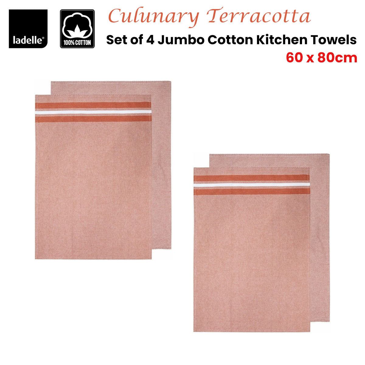 Ladelle Jumbo Kitchen Towels Set of 4, 60 x 80 cm, Cotton, Terracotta