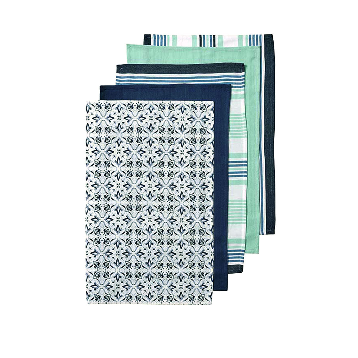 Ladelle 5 Cotton Kitchen Towels 43 x 68 cm - Damask/Stripes Design, Navy - SuperSaverAU - view 1