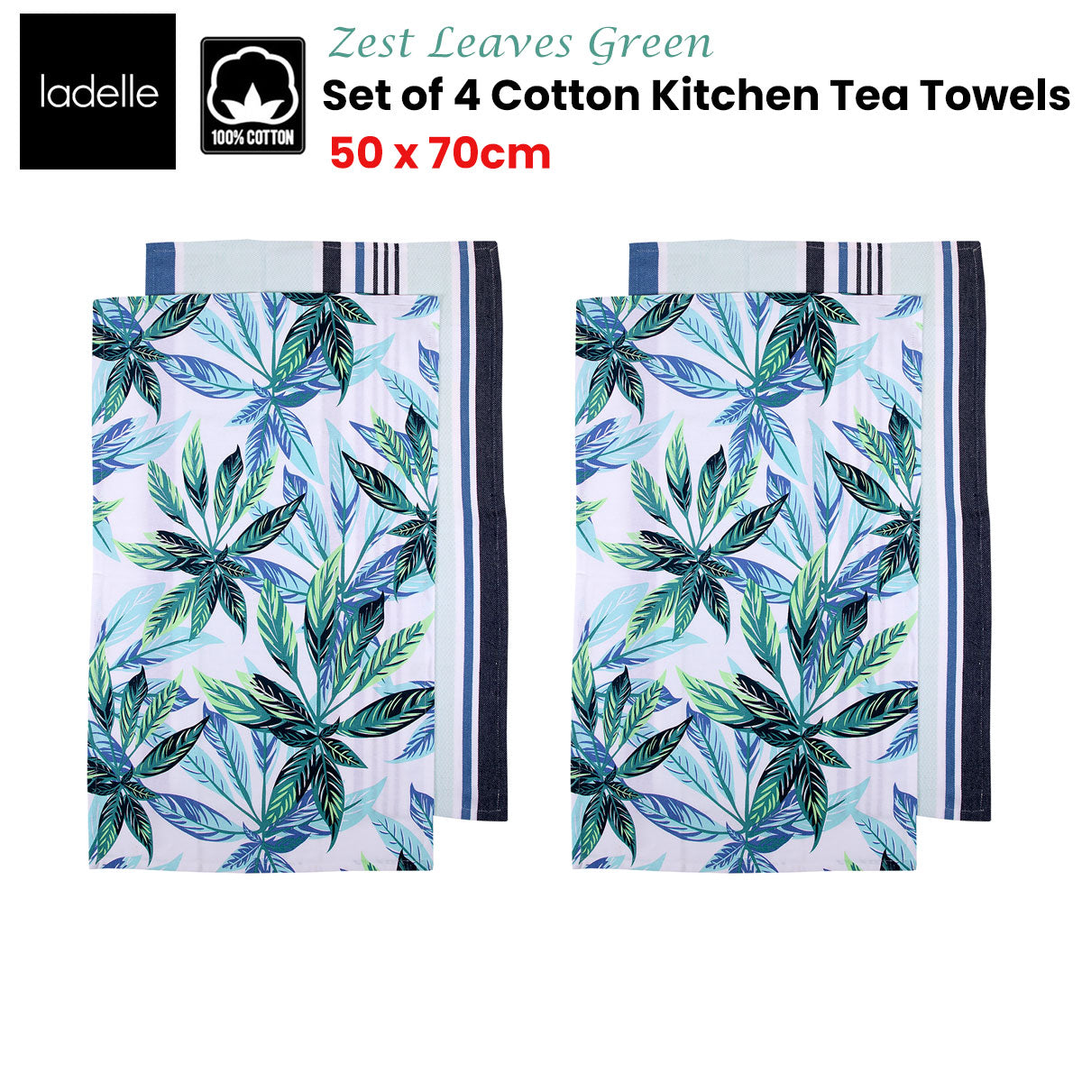 Ladelle Set of 4 Zest Leaves Green Cotton Kitchen Tea Towels 50 x 70 cm - SuperSaverAU - view 2
