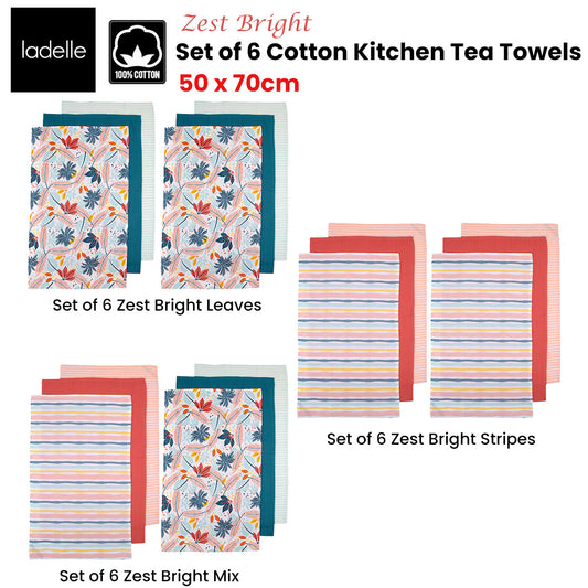 Ladelle Set of 6 Zest Bright Cotton Kitchen Tea Towels 50 x 70 cm - Stripes/Leaves Design
