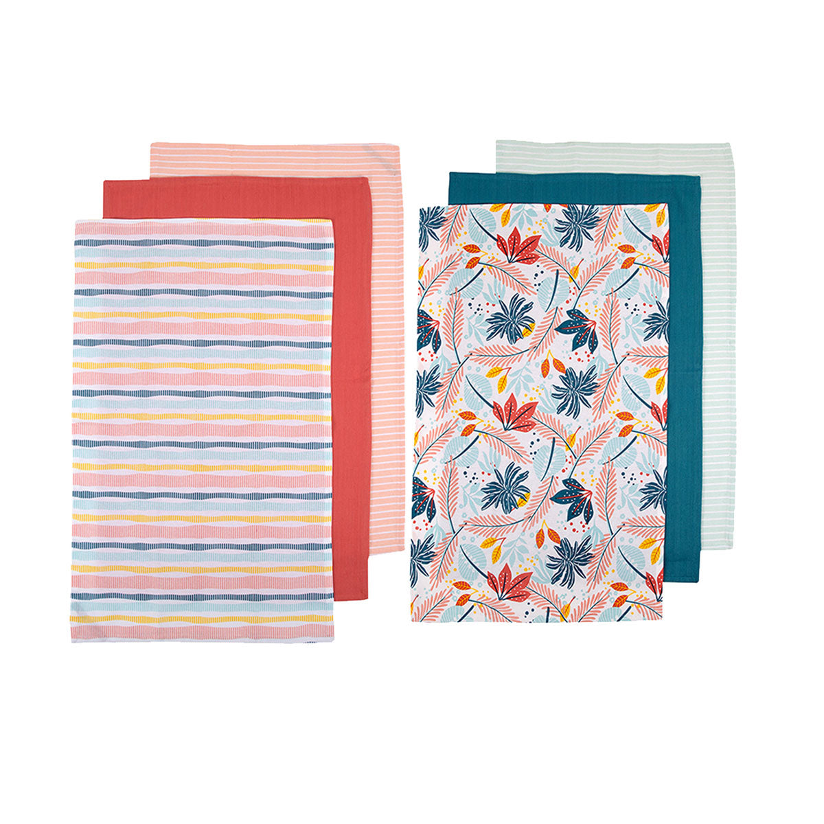 Ladelle Set of 6 Zest Bright Cotton Kitchen Tea Towels 50 x 70 cm - Stripes/Leaves Design - SuperSaverAU - view 1