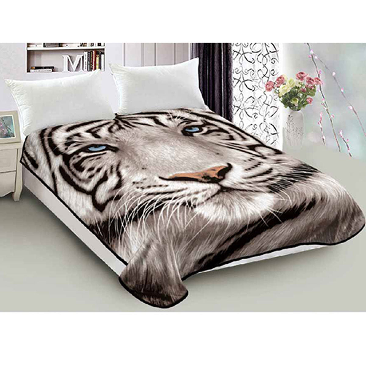 800GSM Luxury Reversible Animal Pattern Mink Blanket Queen 200 x 240 cm - Blue-eyed Tiger