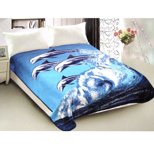800GSM Luxury Reversible Animal Pattern Mink Blanket Queen 200 x 240 cm - Jumping Dolphins