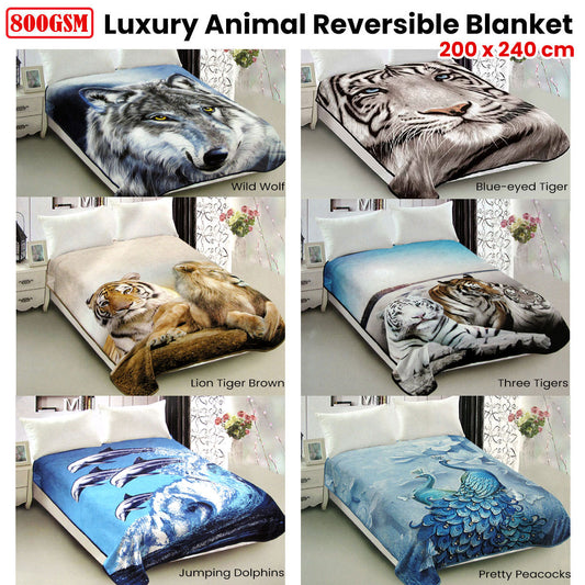 800GSM Luxury Reversible Animal Pattern Mink Blanket Queen 200 x 240 cm Lion Tiger Brown