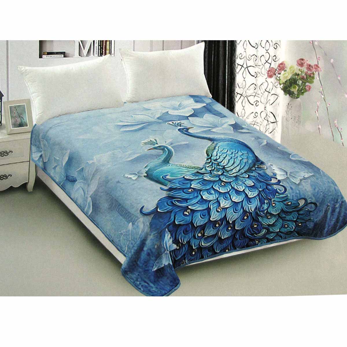 800GSM Luxury Reversible Animal Pattern Mink Blanket Queen 200 x 240 cm Pretty Peacock Blue - SuperSaverAU - view 1