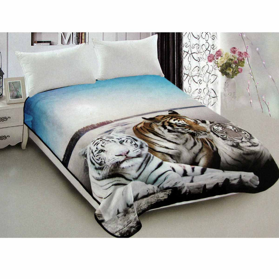 800GSM Luxury Reversible Animal Pattern Mink Blanket Queen 200 x 240 cm Three Tigers Blue - SuperSaverAU - view 1