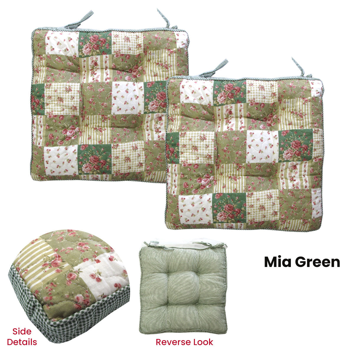 Lylac Homewares Petal Delights Set of 2 Printed Chair Pads 40 x 40 cm - Mia Green - SuperSaverAU - view 1