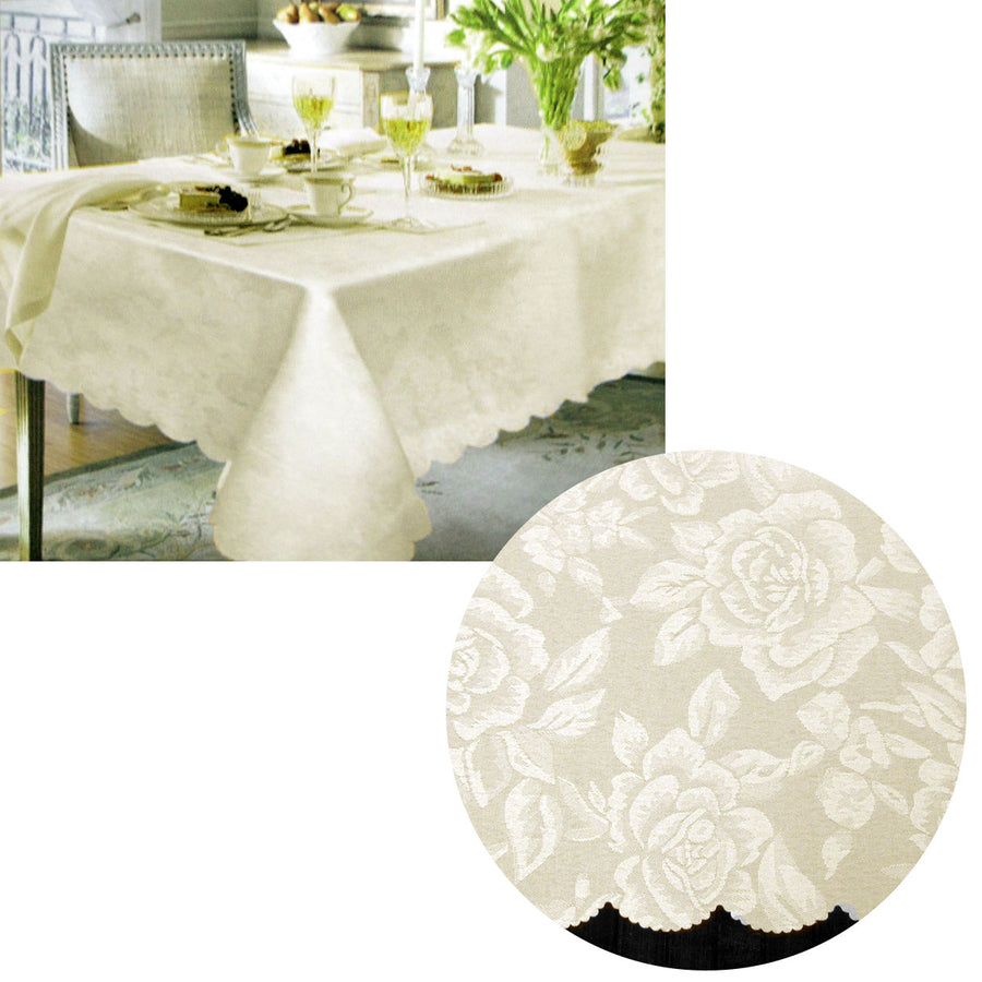 Jacquard Damask Rose Design Table Cloth Cream 140 x 180 cm with Scalloped Edging - SuperSaverAU - view 1