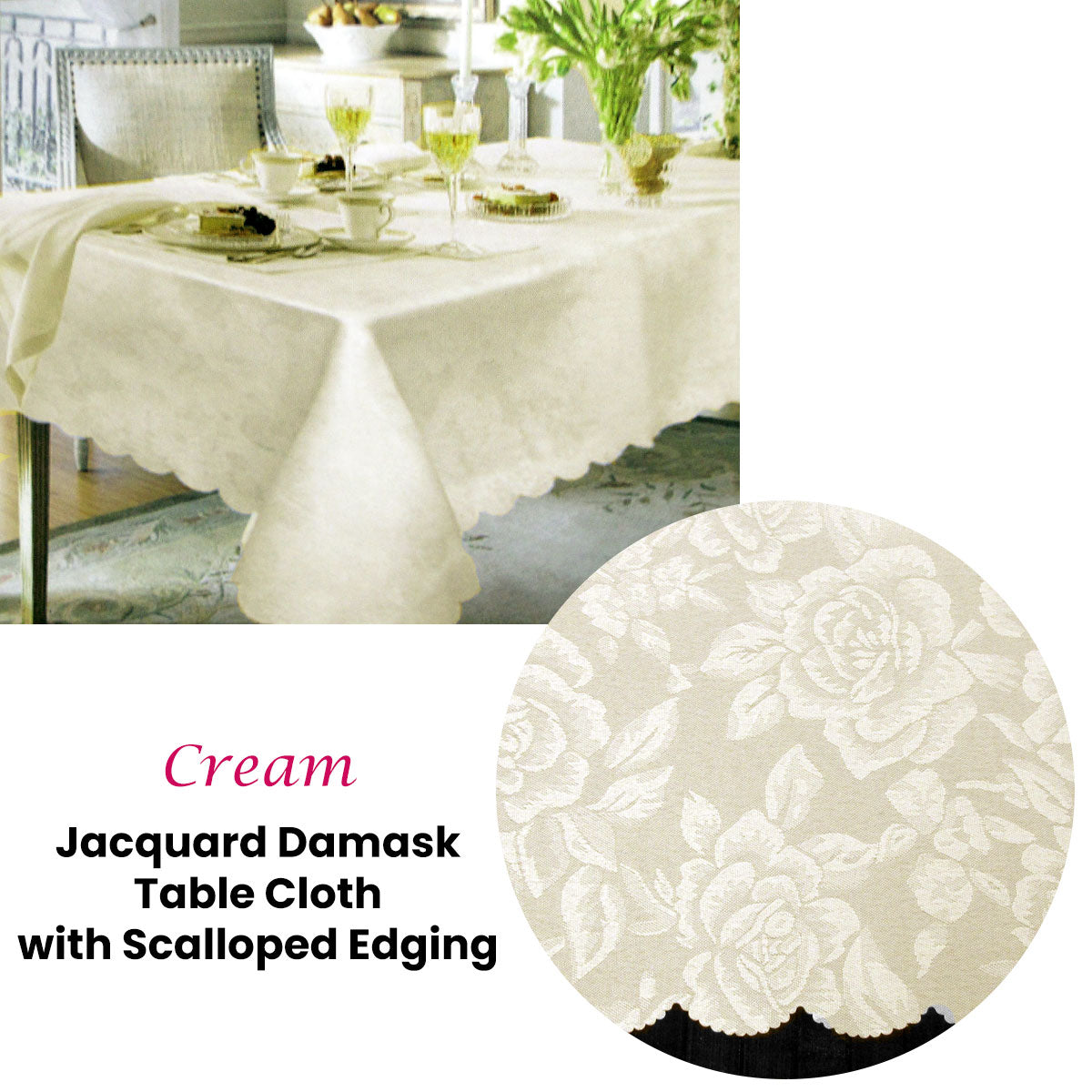 Jacquard Damask Rose Design Table Cloth Cream 150 x 220 cm with Scalloped Edging - SuperSaverAU - view 2