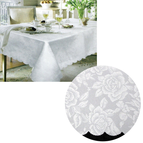 Jacquard Damask Rose Design Table Cloth White 150 x 220 cm with Scalloped Edging - SuperSaverAU - view 1