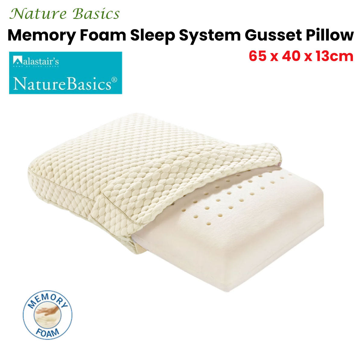 Alastairs Nature Basics Memory Foam Gusset Pillow with Bamboo Blend Cover - 65 x 40 x 13cm