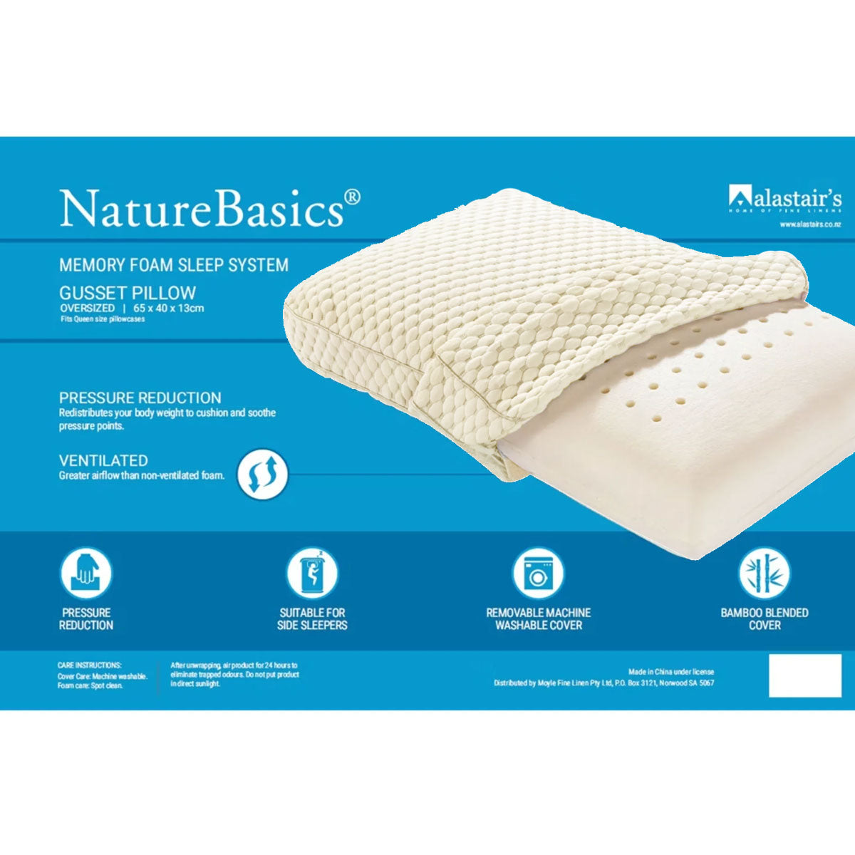 Alastairs Nature Basics Memory Foam Gusset Pillow with Bamboo Blend Cover - 65 x 40 x 13cm