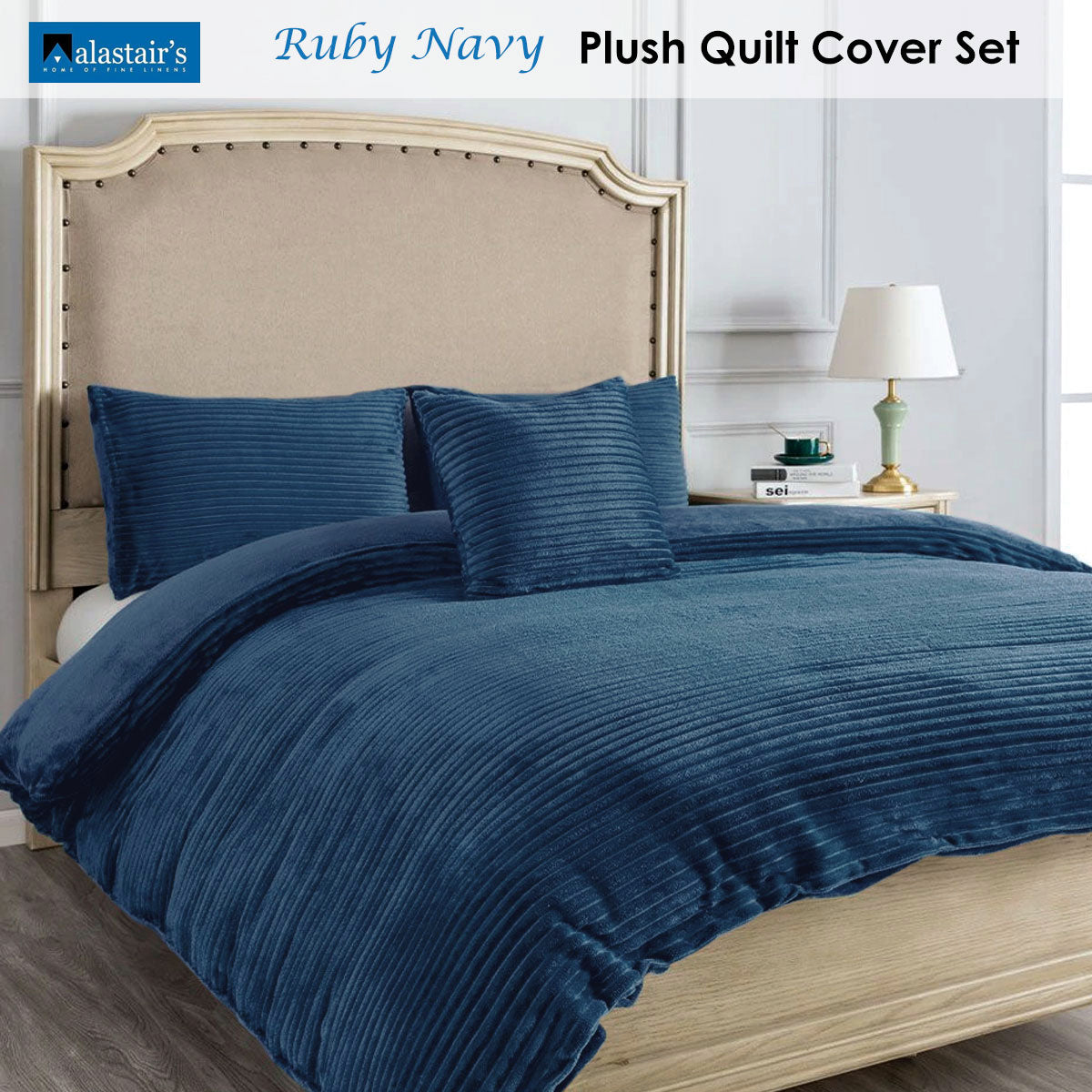 Alastairs Ruby Ribbed Flannel Fleece Quilt Cover Set - Navy, Double