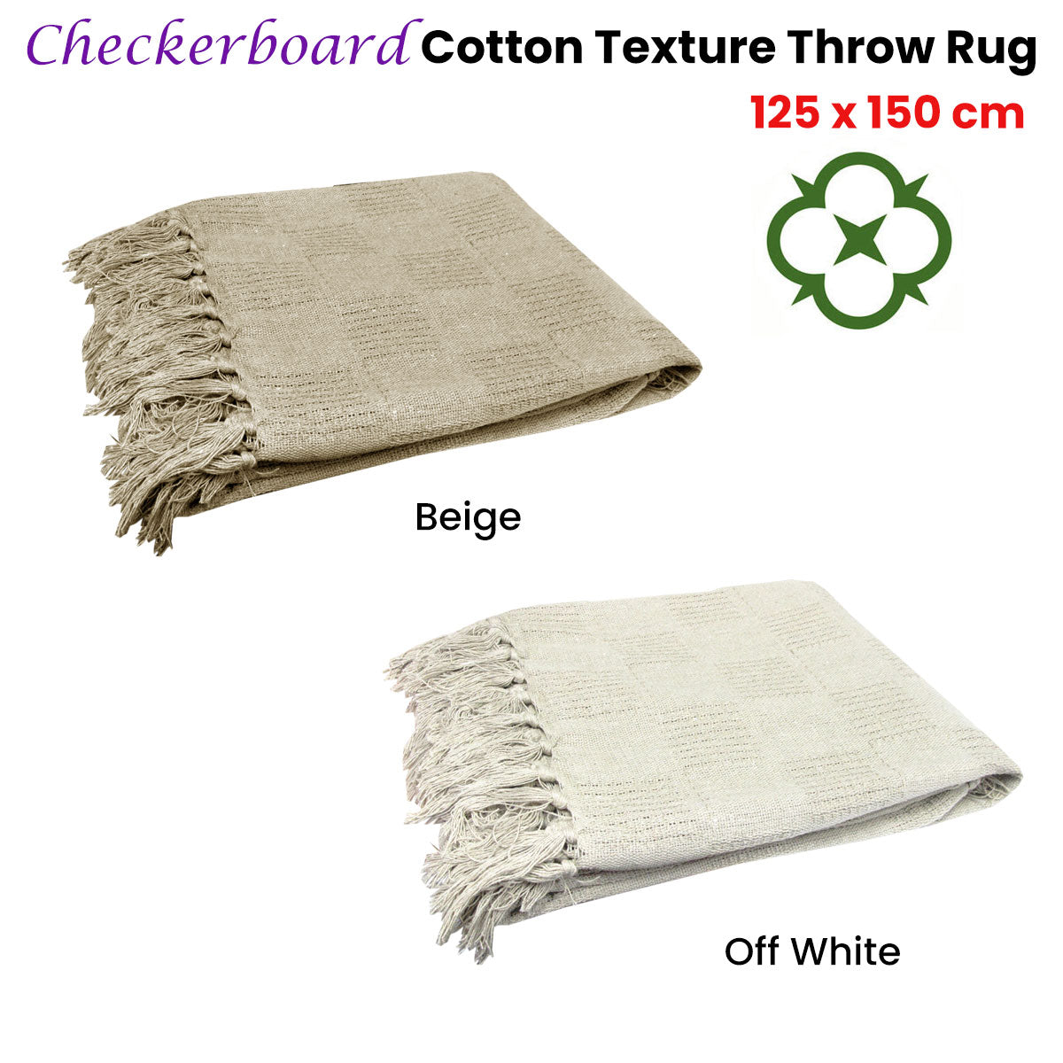 Checkerboard 100% Cotton Texture Fringe Throw Rug 125 x 150 cm Off White - SuperSaverAU - view 2