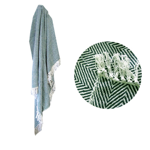 100% Cotton Fringe Throw Rug 125 x 150 cm Chevron Green - Soft & Stylish - SuperSaverAU - view 1