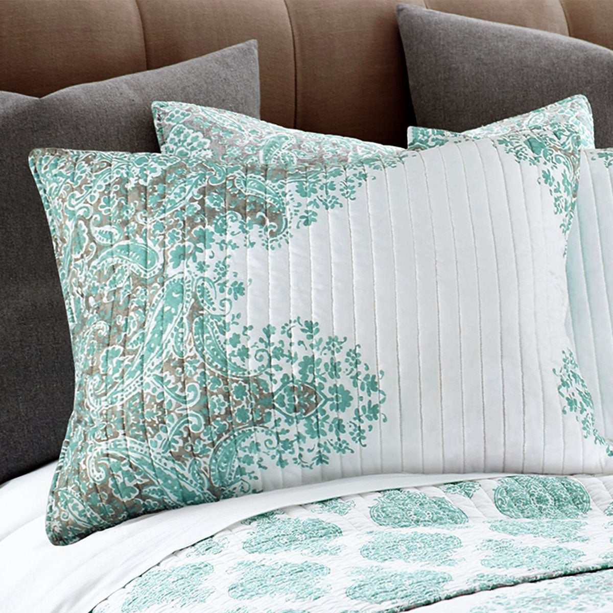 Jenny Mclean Avalon 3 Piece 100% Cotton Coverlet Set King - Damask Print, Soft Teal - SuperSaverAU - view 1