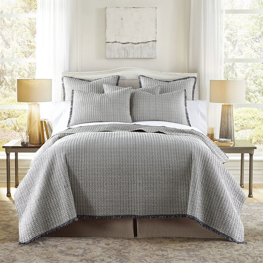 Jenny Mclean Lexington 3 Piece 100% Cotton Coverlet Set Queen - Herringbone Print, Soft Black on White - SuperSaverAU - view 1