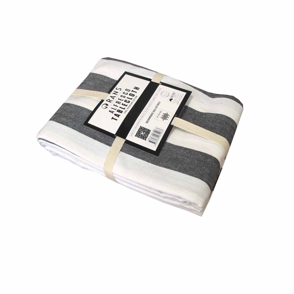 Rans Alfresco Stripes Cotton Tablecloth – Black & White 150 x 250cm, 8 Seater