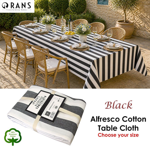 Rans Alfresco Stripes Cotton Tablecloth – Black & White 150 x 250cm, 8 Seater