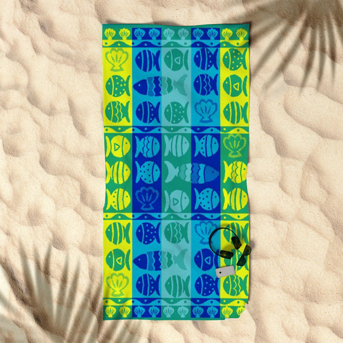 Rans Premium Cotton Beach Towel 86 x 160 cm Nautical Jacquard Fish & Shell Blue