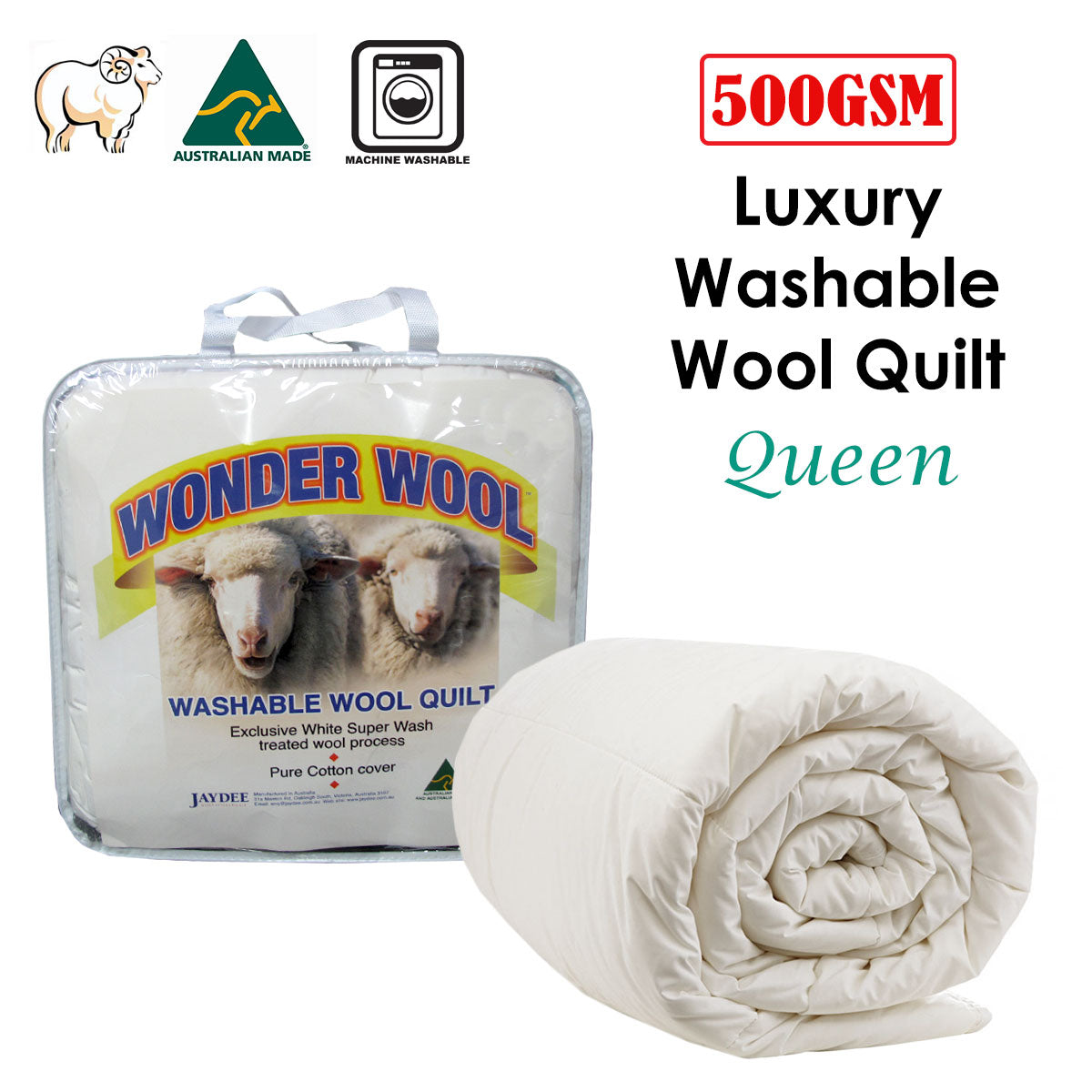 500GSM Washable Wool Quilt - 210 x 210 cm - Australian Made, Cotton Cover - SuperSaverAU - view 2