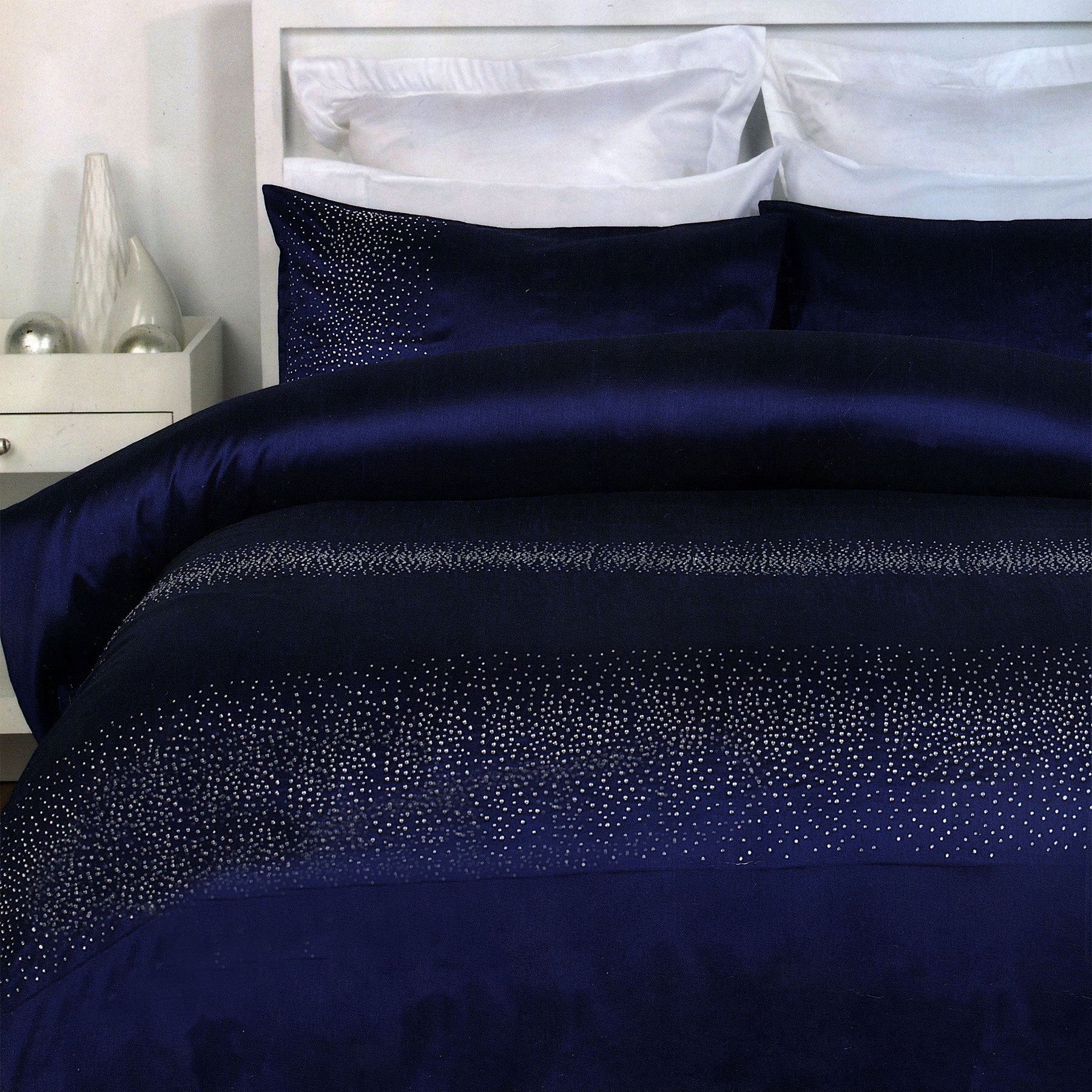 Diamante Quilt Cover Set Navy - Double, Faux Silk, Machine Washable, 2 Pillowcases - SuperSaverAU - view 1